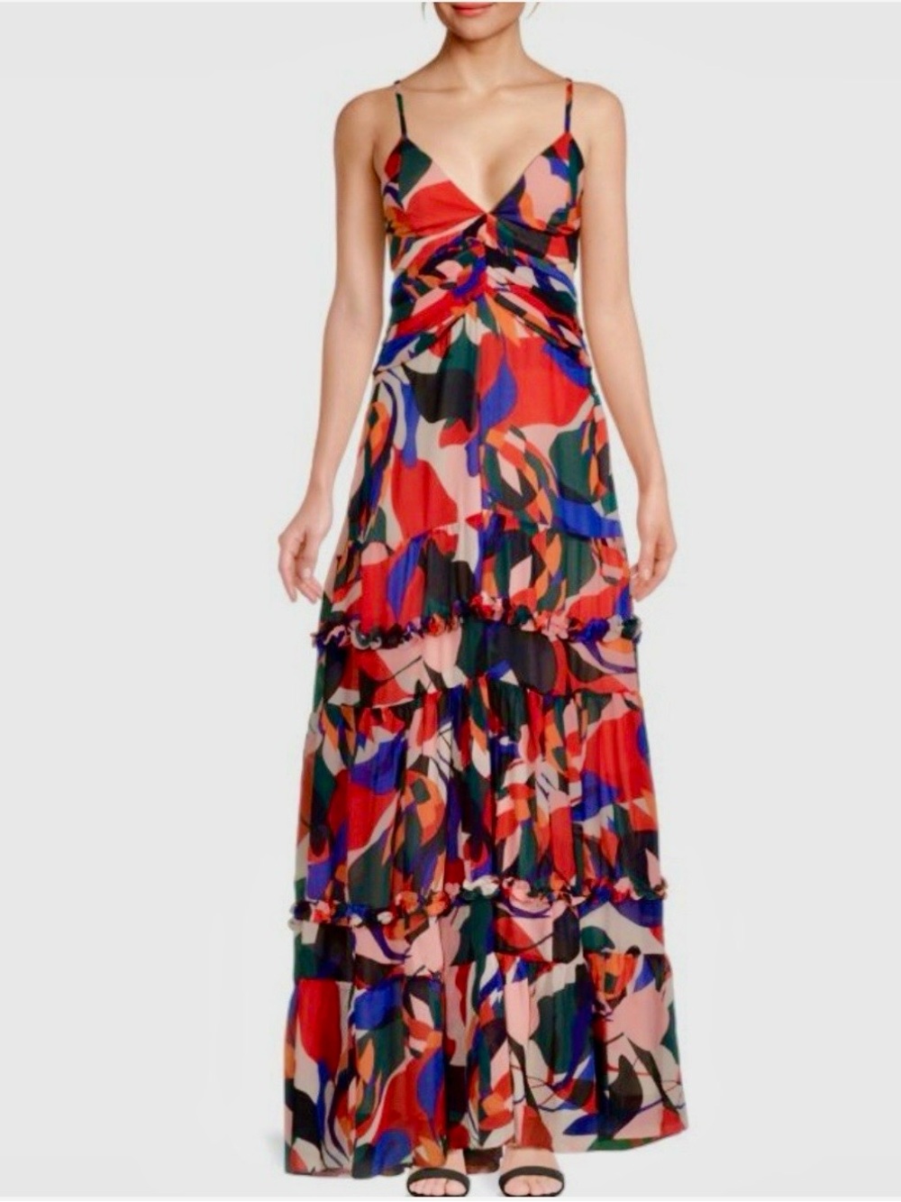 PatBO Women Red Moscow Abstract Printed Tiered Cut-Out Maxi Dress Size US 6